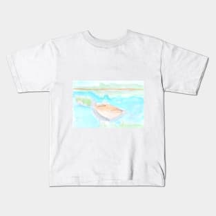 boat, river, lake, nature, landscape, summer, vacation, recreation, walk, watercolor, watercolour, hand drawn, drawing, illustration, Kids T-Shirt